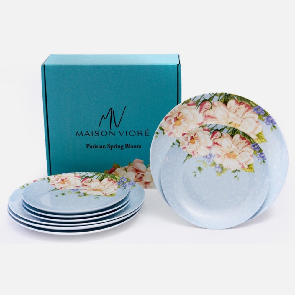 Maison Viore Parisian Spring Bloom Blue Floral Salad Plates - Set of 8
